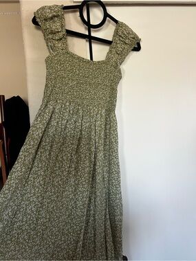 Olive Floral Smocked Maxi Dress with Ruffled Straps